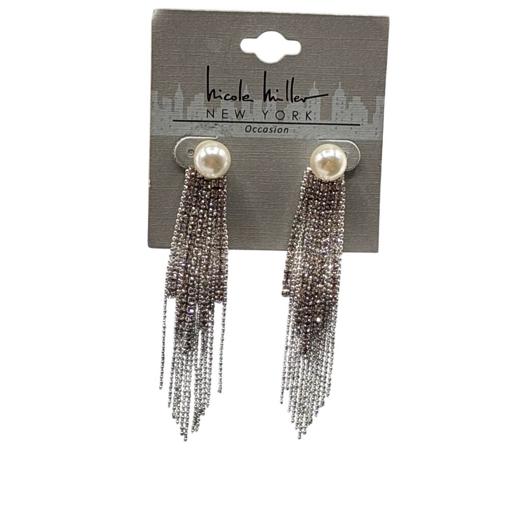 Nicole Miller New York Pearl Stud Rhinestone Fringe Tassel Drop Earrings